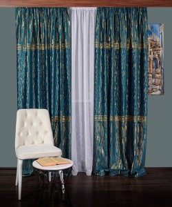 Draperie catifea cu model, albastru/auriu