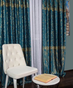 Draperie catifea cu model, albastru/auriu