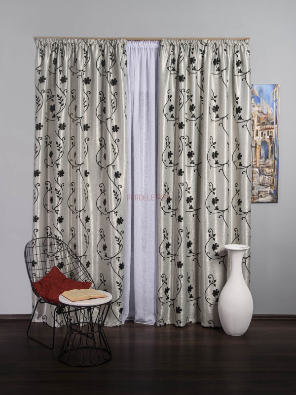 Draperie model flori gri/negru