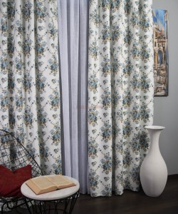 Draperie satin, alb/albastru