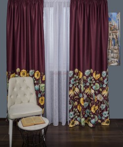 Draperie satin grena,flori multicolore