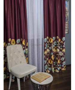 Draperie satin grena,flori multicolore