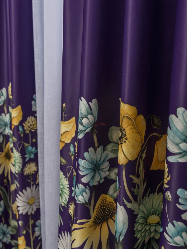 Draperie satin mov,flori multicolore
