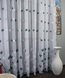 Perdea in brodat, alb/verde, model fluturi