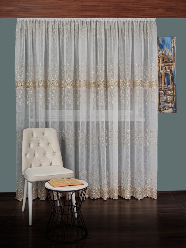 Perdea tip in cu broderie dantela ivoire/auriu