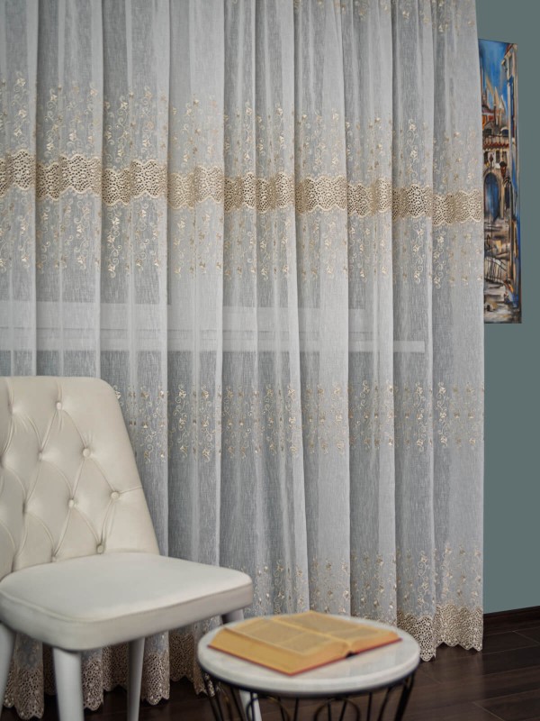 Perdea tip in cu broderie dantela ivoire/auriu
