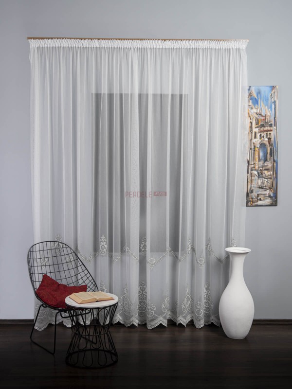 Perdea tulle brodat ivoire,gri