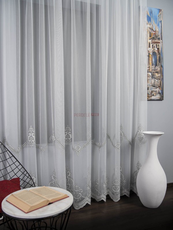 Perdea tulle brodat ivoire,gri