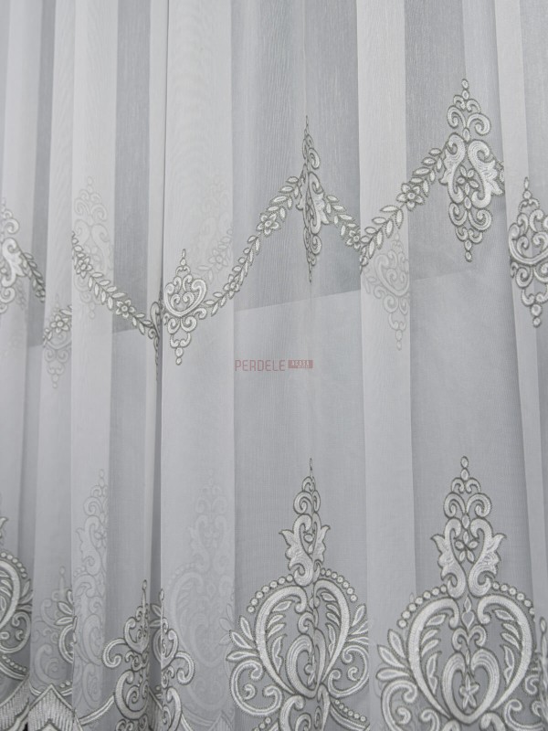Perdea tulle brodat ivoire,gri