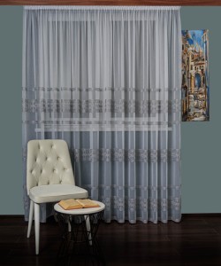 Perdea tulle brodat alb/gri