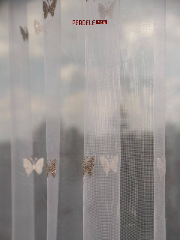 Perdea tulle brodat,crem/maro