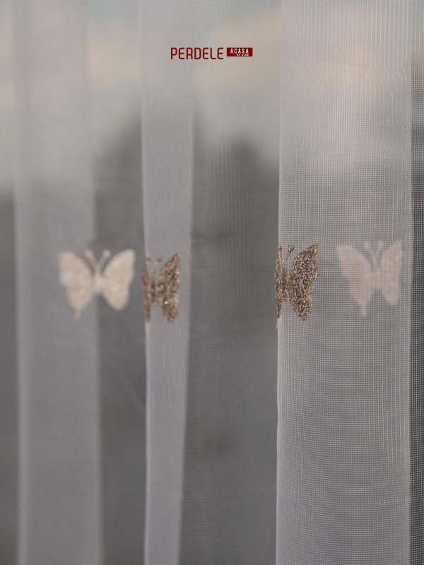Perdea tulle brodat,crem/maro