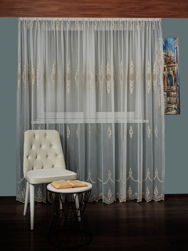 Perdea tulle brodat ivoire/auriu