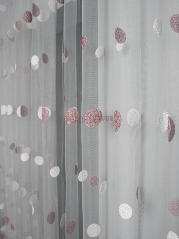 Perdea tulle brodat, ivoire/roz